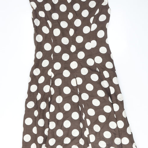 Paul Costelloe Womens Brown Polka Dot Linen Fit & Flare Size 14 Round Neck Zip