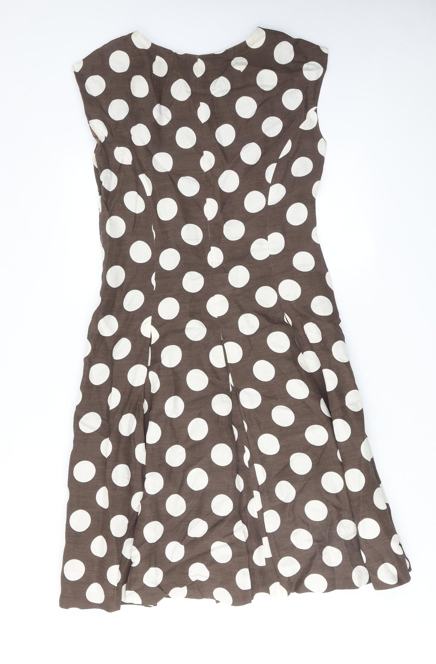 Paul Costelloe Womens Brown Polka Dot Linen Fit & Flare Size 14 Round Neck Zip