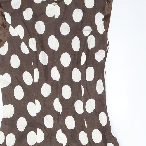 Paul Costelloe Womens Brown Polka Dot Linen Fit & Flare Size 14 Round Neck Zip