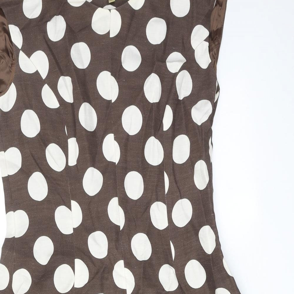 Paul Costelloe Womens Brown Polka Dot Linen Fit & Flare Size 14 Round Neck Zip