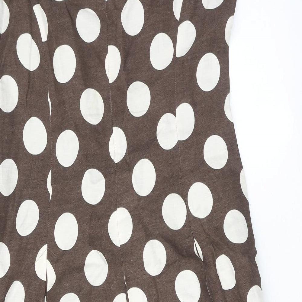Paul Costelloe Womens Brown Polka Dot Linen Fit & Flare Size 14 Round Neck Zip