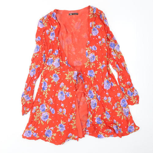 Zara Womens Red Floral Viscose Wrap Dress Size S V-Neck Tie