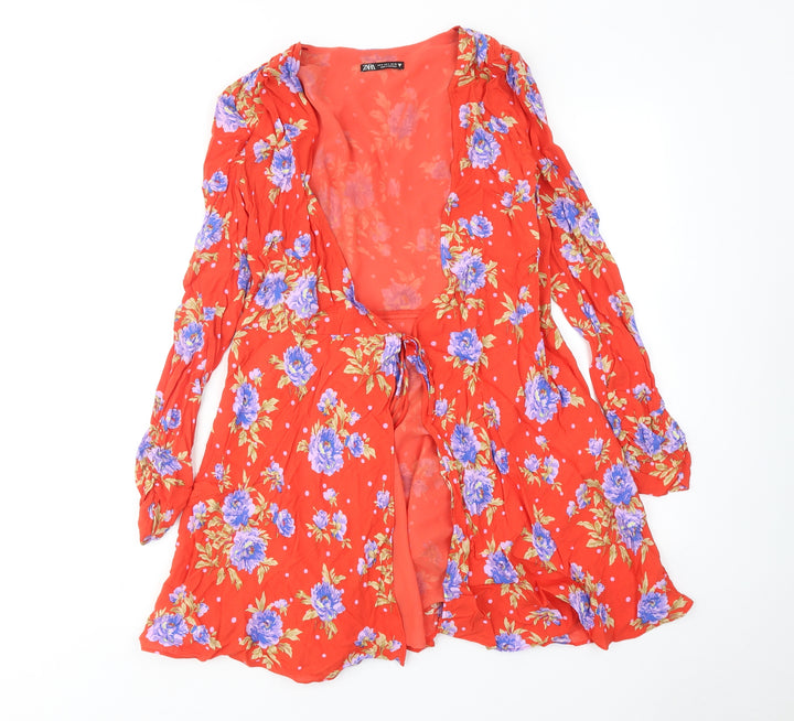 Zara Womens Red Floral Viscose Wrap Dress Size S V-Neck Tie