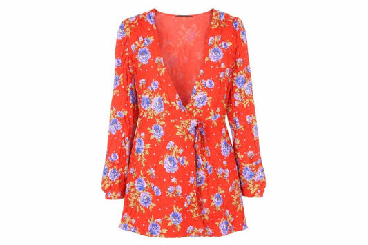 Front view of Zara women’s red floral viscose wrap dress, size S, v-neck tie