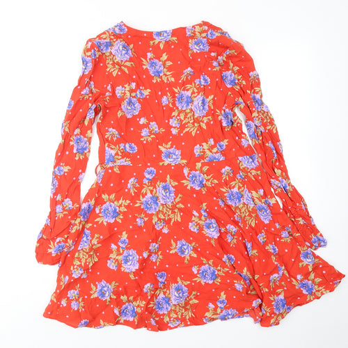 Zara Womens Red Floral Viscose Wrap Dress Size S V-Neck Tie