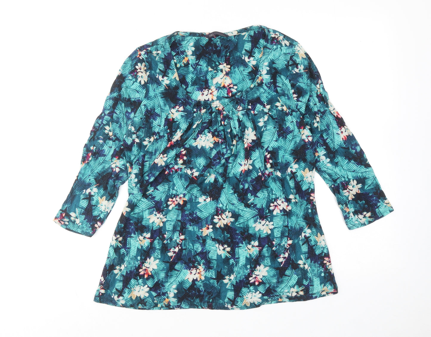 Marks and Spencer Womens Blue Floral Viscose Basic Blouse Size 10 Round Neck