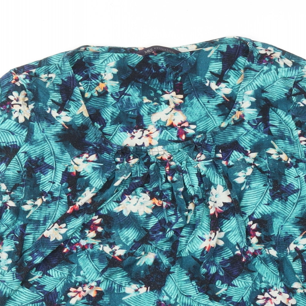 Marks and Spencer Womens Blue Floral Viscose Basic Blouse Size 10 Round Neck