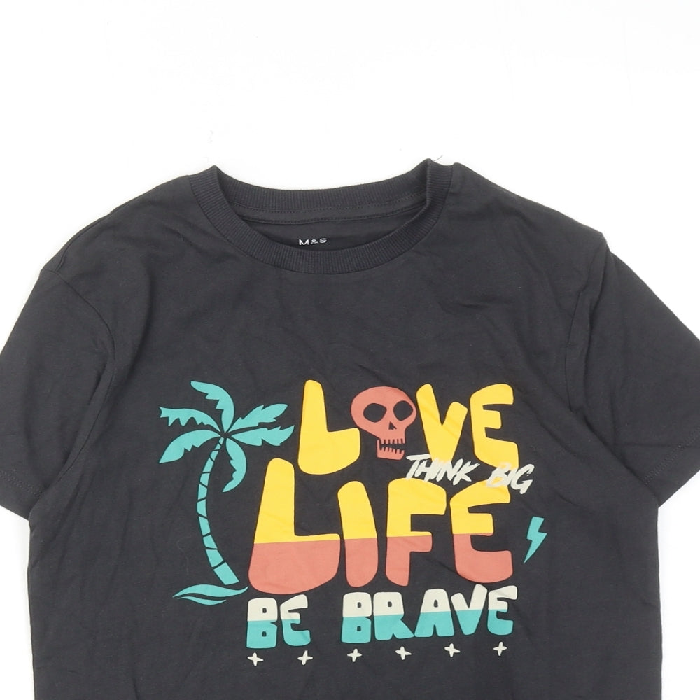 Marks and Spencer Boys Grey Cotton Basic T-Shirt Size 9-10 Years Round Neck Pullover - Love Life be Brave