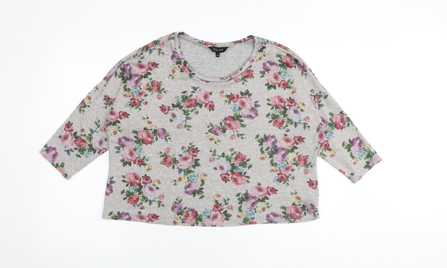 New Look Womens Grey Floral Polyester Cropped Blouse Size 14 Round Neck