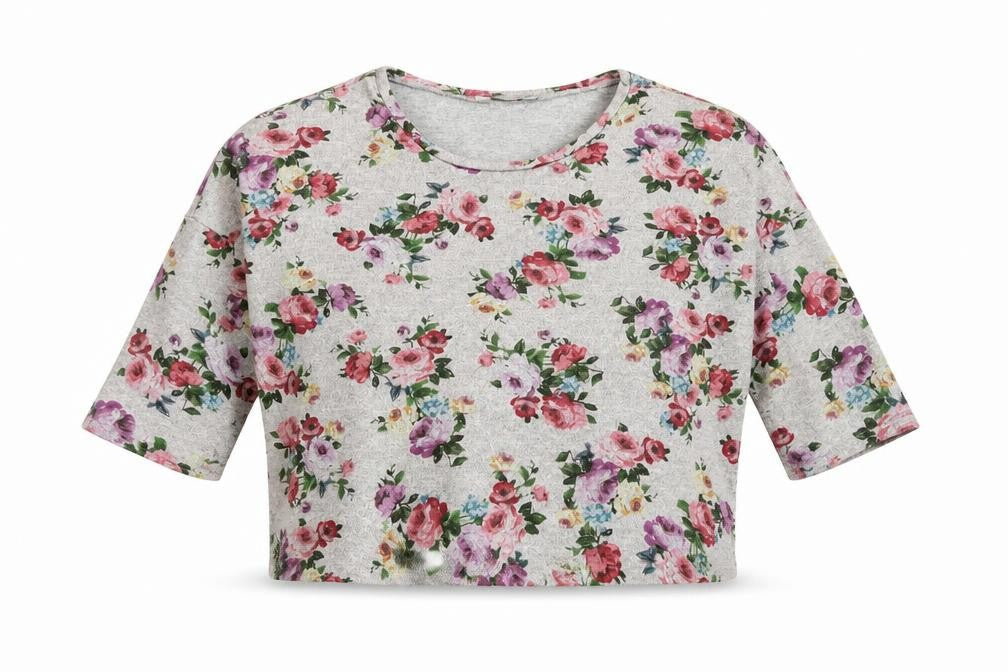 Front view of New Look women’s grey floral polyester cropped blouse, size UK 14, round neck