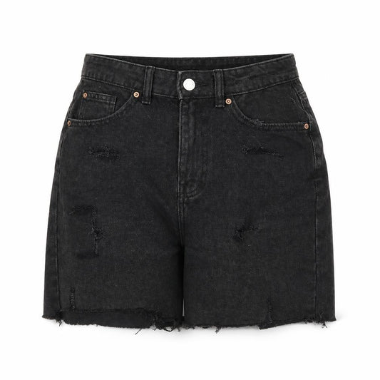 Front view of Denim & Co. women’s black 100% cotton bermuda shorts, size UK 8, 4-inch leg regular zip - raw hems