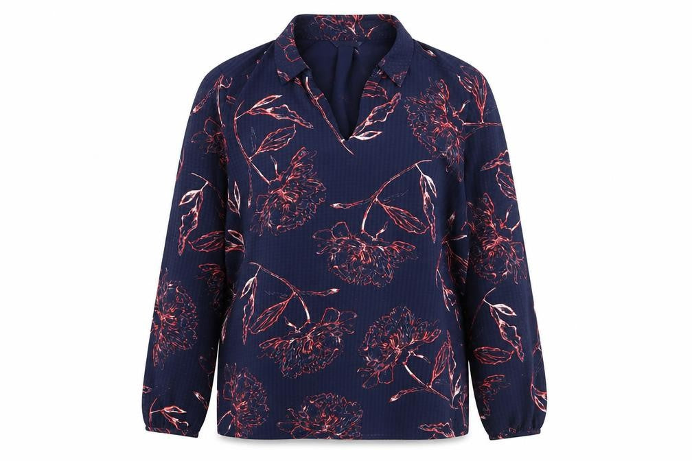 Classics Womens Blue Floral Polyester Basic Blouse Size 12 Collared