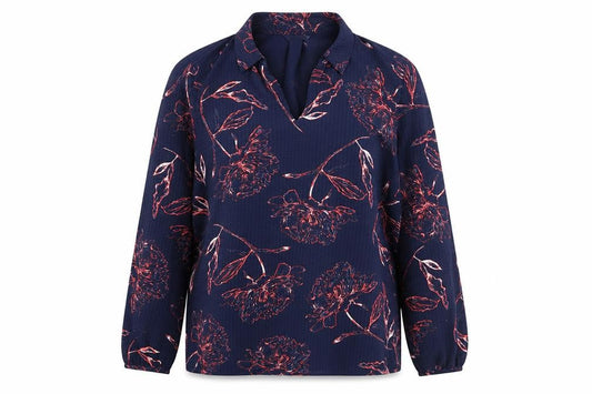 Front view of Classics women’s blue floral polyester basic blouse, size UK 12, collared