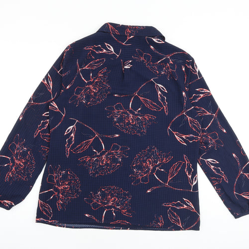 Classic Womens Blue Floral Polyester Basic Blouse Size 12 Collared