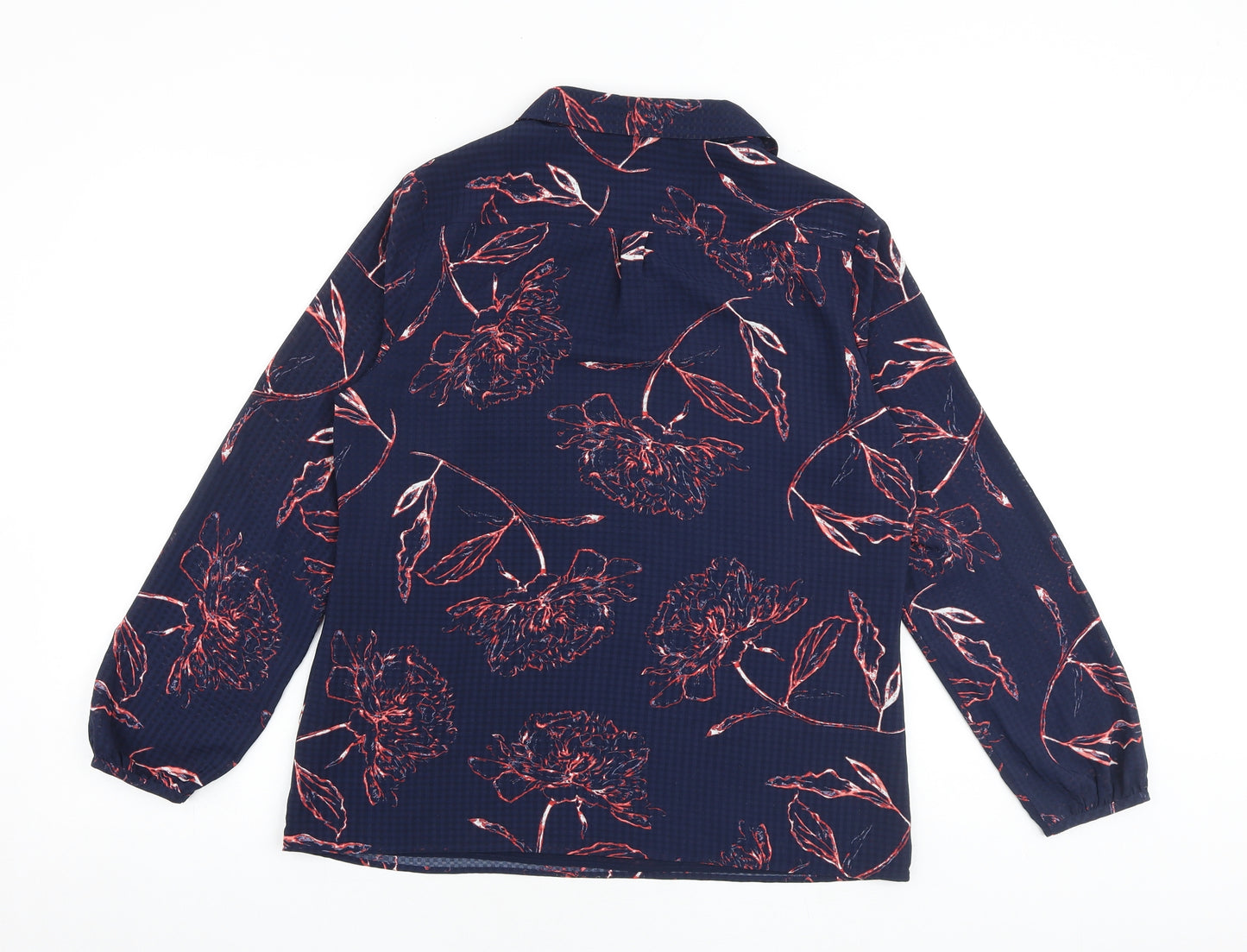 Classic Womens Blue Floral Polyester Basic Blouse Size 12 Collared