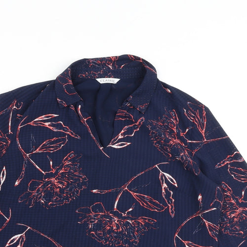 Classic Womens Blue Floral Polyester Basic Blouse Size 12 Collared