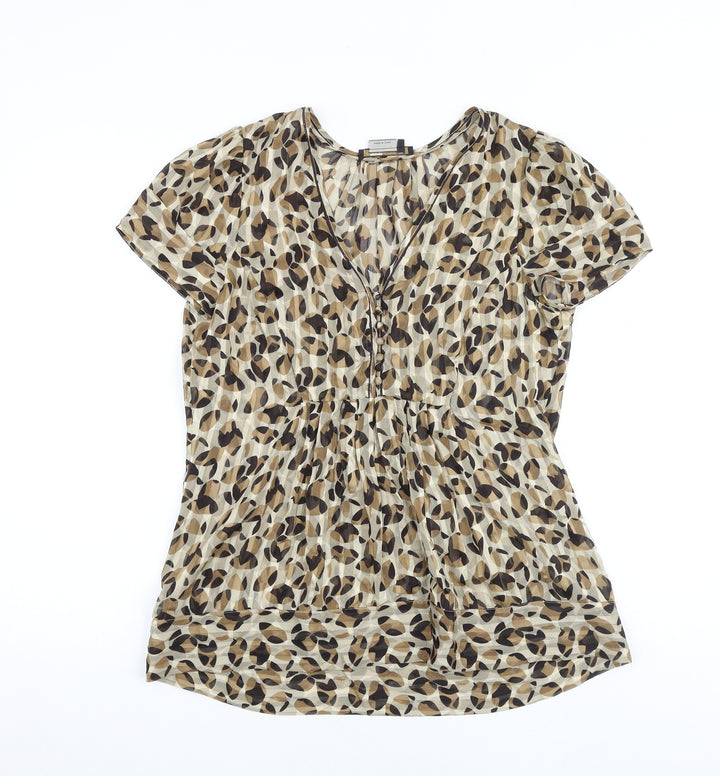 BCBGMAXAZRIA Womens Brown Geometric Polyester Basic Blouse Size S V-Neck