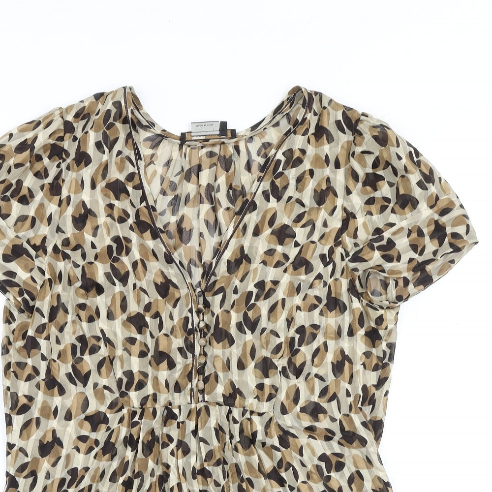 BCBGMAXAZRIA Womens Brown Geometric Polyester Basic Blouse Size S V-Neck