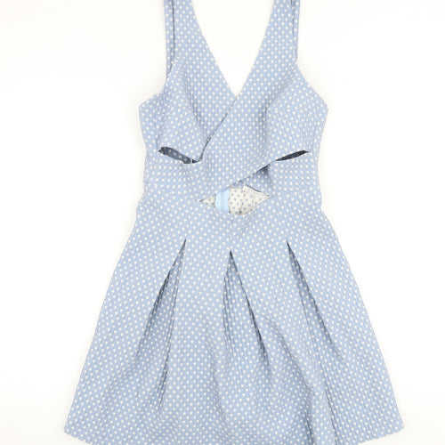 Zara Womens Blue Geometric Polyester A-Line Size M V-Neck Zip - Heart Print