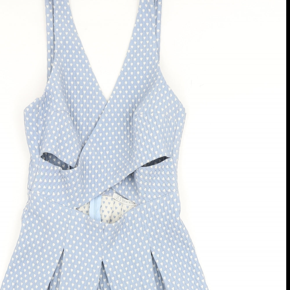 Zara Womens Blue Geometric Polyester A-Line Size M V-Neck Zip - Heart Print