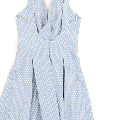 Zara Womens Blue Geometric Polyester A-Line Size M V-Neck Zip - Heart Print