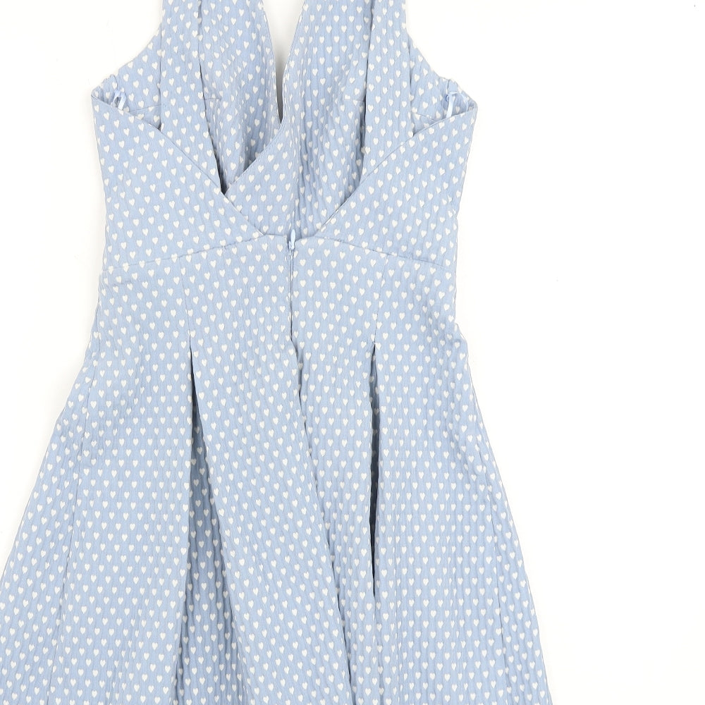 Zara Womens Blue Geometric Polyester A-Line Size M V-Neck Zip - Heart Print