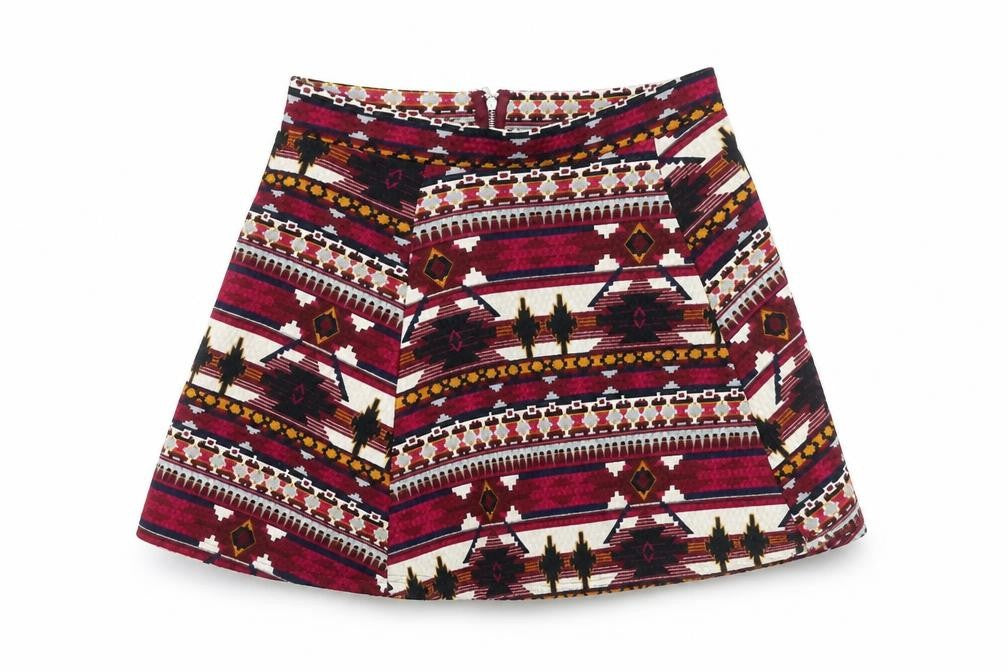 Front view of H&M women’s multicoloured geometric polyester mini skirt, size M, zip