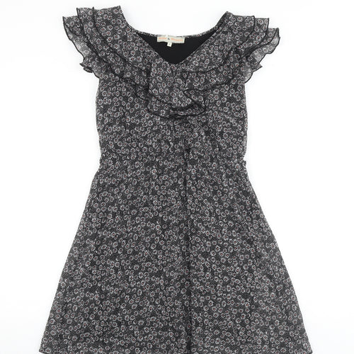 Billie Blossom Womens Black Geometric Polyester A-Line Size 6 V-Neck Zip