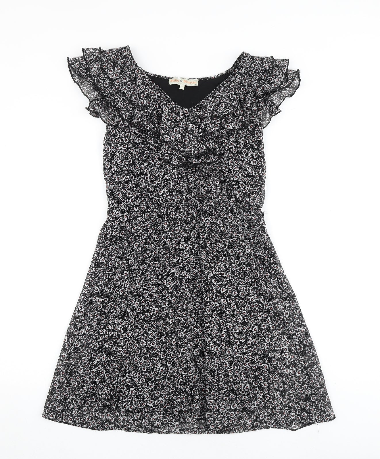 Billie Blossom Womens Black Geometric Polyester A-Line Size 6 V-Neck Zip