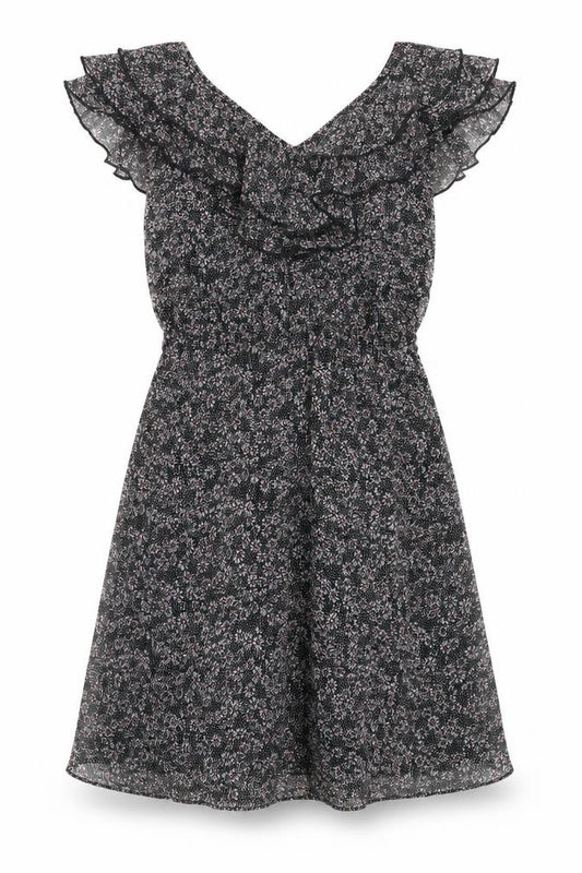 Front view of Billie Blossom women’s black geometric polyester a-line, size UK 6, v-neck zip