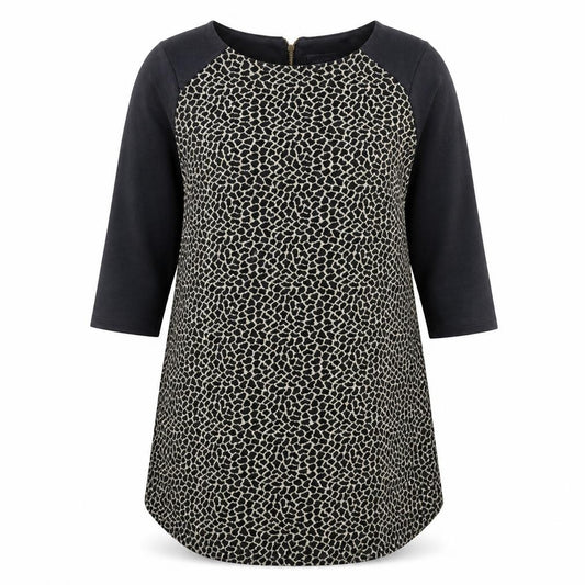 Front view of Marks & Spencer women’s black geometric polyester a-line, size UK 14, round neck zip