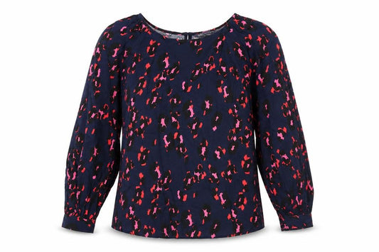 Front view of Marks & Spencer women’s multicoloured geometric viscose basic blouse, size UK 12, round neck