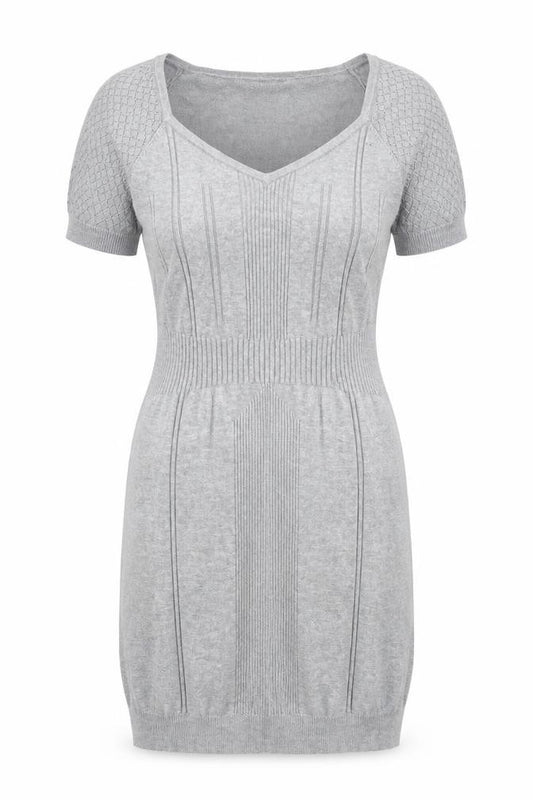 Front view of Warehouse women’s grey viscose shift, size UK 14, v-neck pullover
