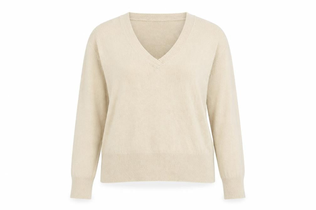 Front view of Next women’s beige v-neck acrylic jumper, size UK 12