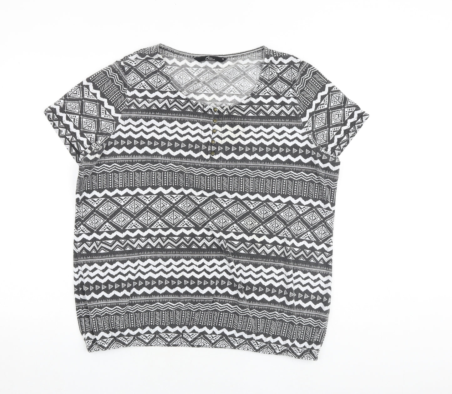 Bonmarché Womens Black Geometric Cotton Basic T-Shirt Size 18 Round Neck
