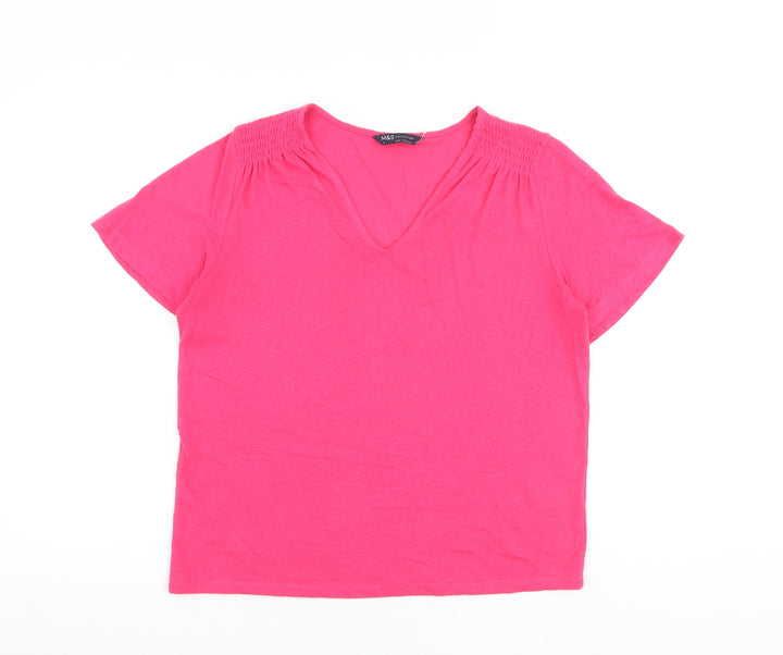 Marks and Spencer Womens Pink Flax Basic T-Shirt Size 6 V-Neck