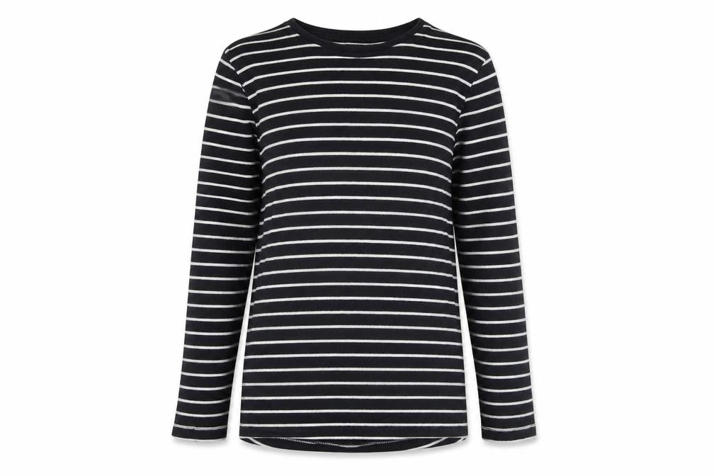 Front view of Very girls’ black striped 100% cotton pullover t-shirt, size 12, years round neck pullover