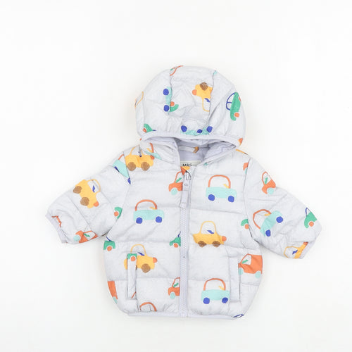 Marks and Spencer Baby Grey Geometric Puffer Jacket Jacket Size 0-3 Months Zip - Cars Print