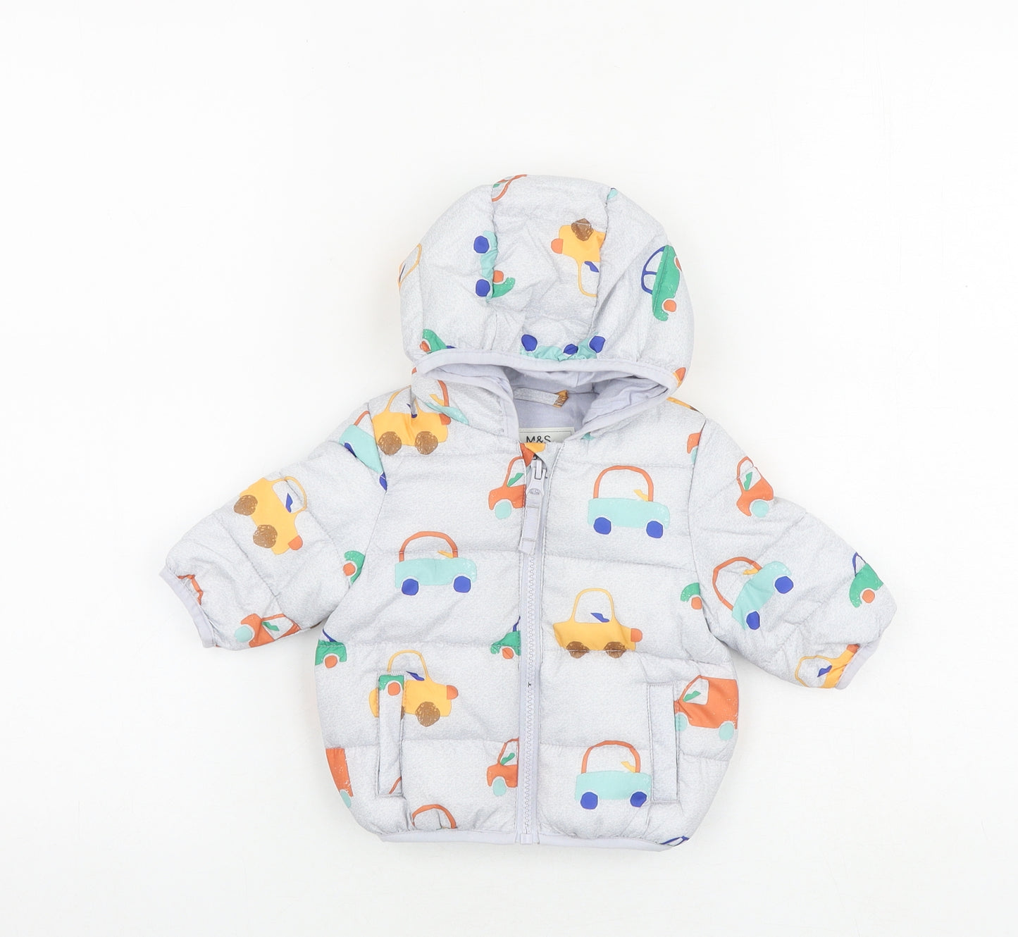 Marks and Spencer Baby Grey Geometric Puffer Jacket Jacket Size 0-3 Months Zip - Cars Print