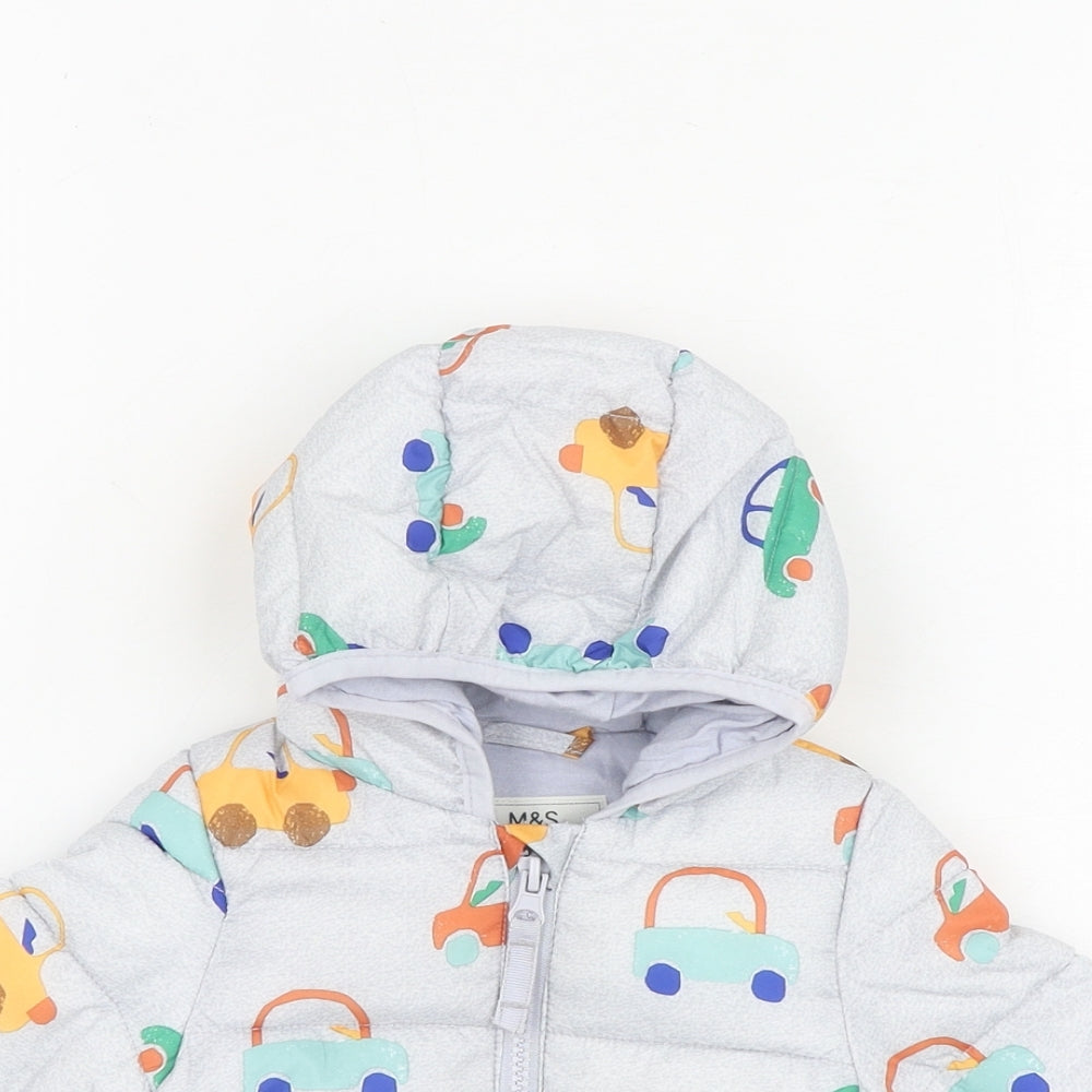 Marks and Spencer Baby Grey Geometric Puffer Jacket Jacket Size 0-3 Months Zip - Cars Print