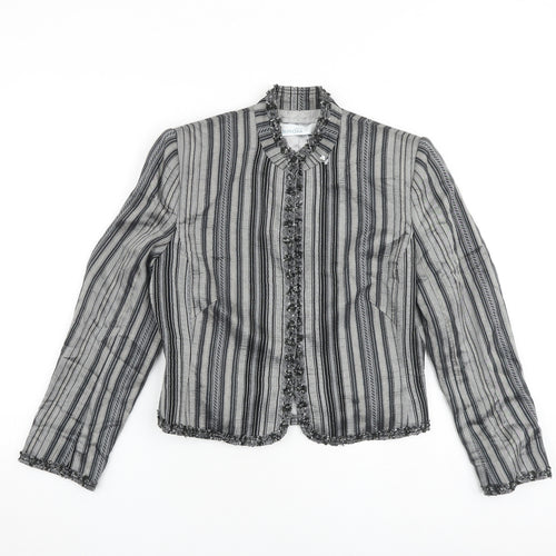Minosa Womens Grey Striped Jacket Size 12 Hook & Eye