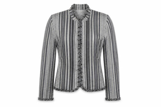 Front view of Minosa women’s grey striped jacket, size UK 12, hook & eye
