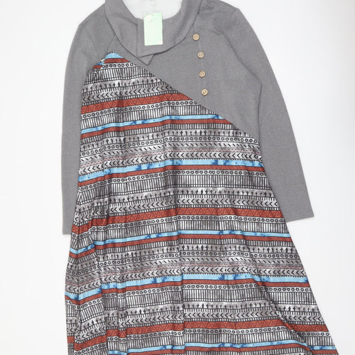 Maria & Gabriela Womens Grey Geometric Cotton Trapeze & Swing Size 2XL Collared Pullover