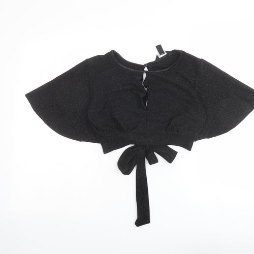 New Look Womens Black Polyester Cropped Blouse Size 8 Boat Neck - Tie Back Detail