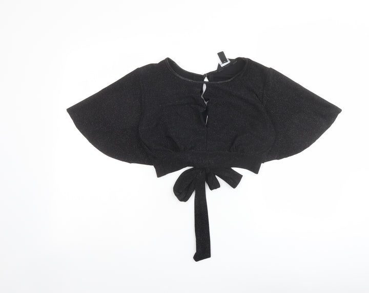 New Look Womens Black Polyester Cropped Blouse Size 8 Boat Neck - Tie Back Detail