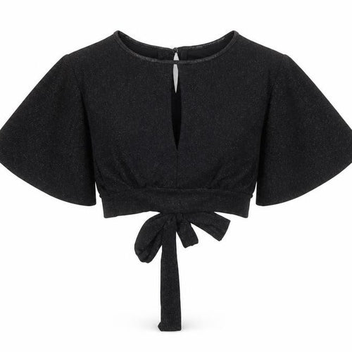 New Look Womens Black Polyester Cropped Blouse Size 8 Boat Neck - Tie Back Detail