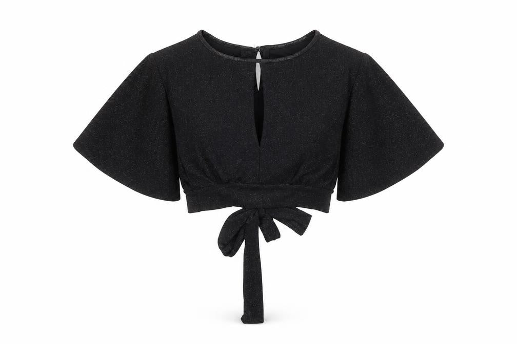 New Look Womens Black Polyester Cropped Blouse Size 8 Boat Neck - Tie Back Detail