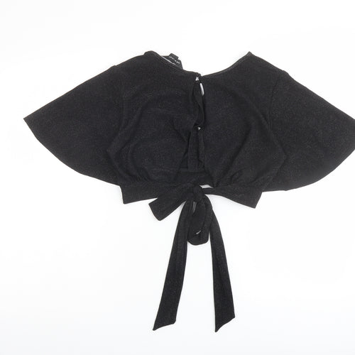 New Look Womens Black Polyester Cropped Blouse Size 8 Boat Neck - Tie Back Detail