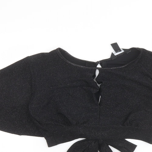 New Look Womens Black Polyester Cropped Blouse Size 8 Boat Neck - Tie Back Detail