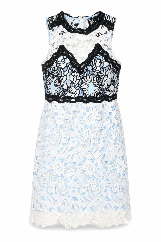 Front view of Topshop women’s blue geometric polyester shift, size UK 10, round neck zip